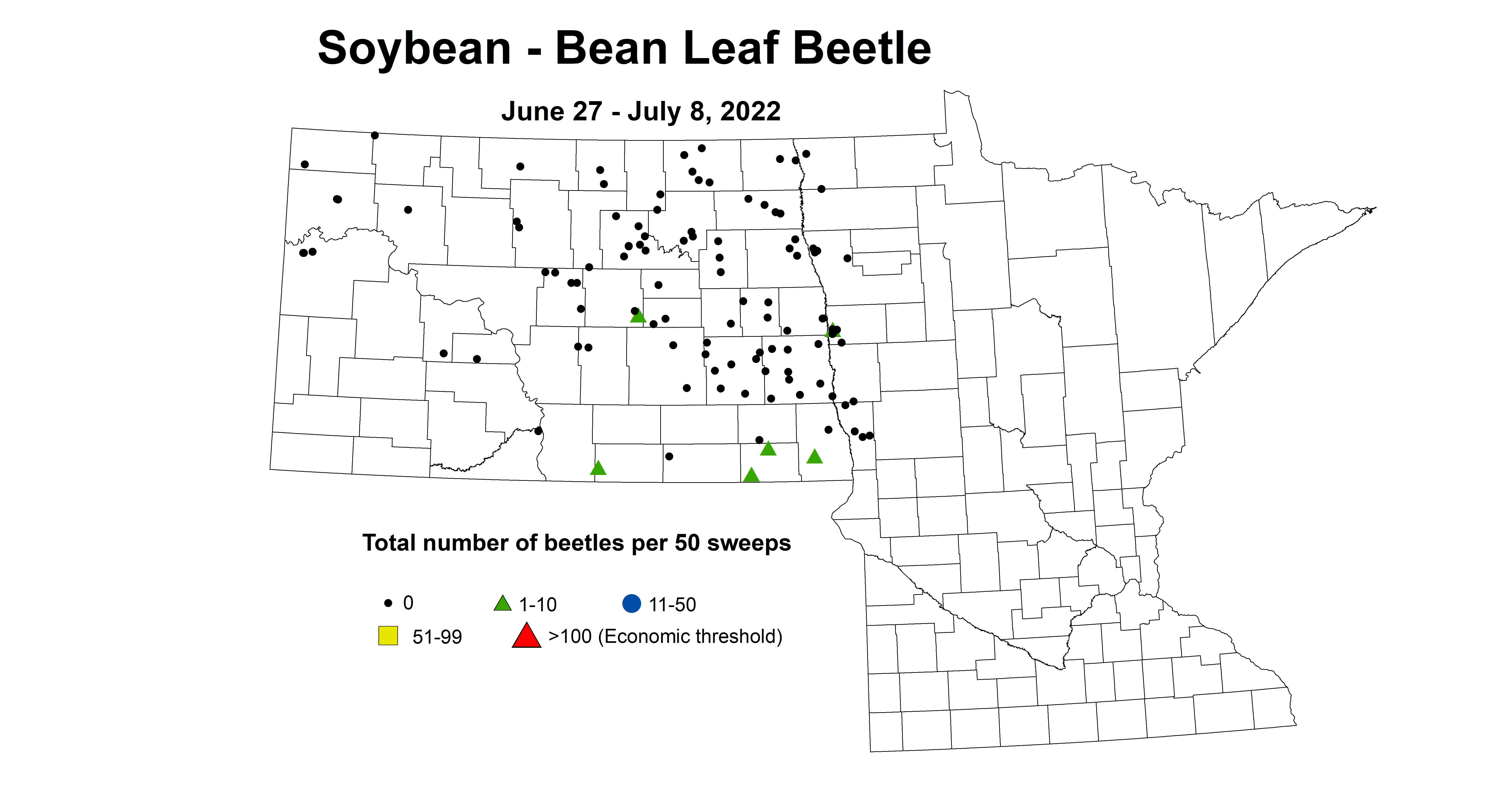 ND IPM map of soybean bean leaf beetle per 50 sweeps June 27 - July 8 2022