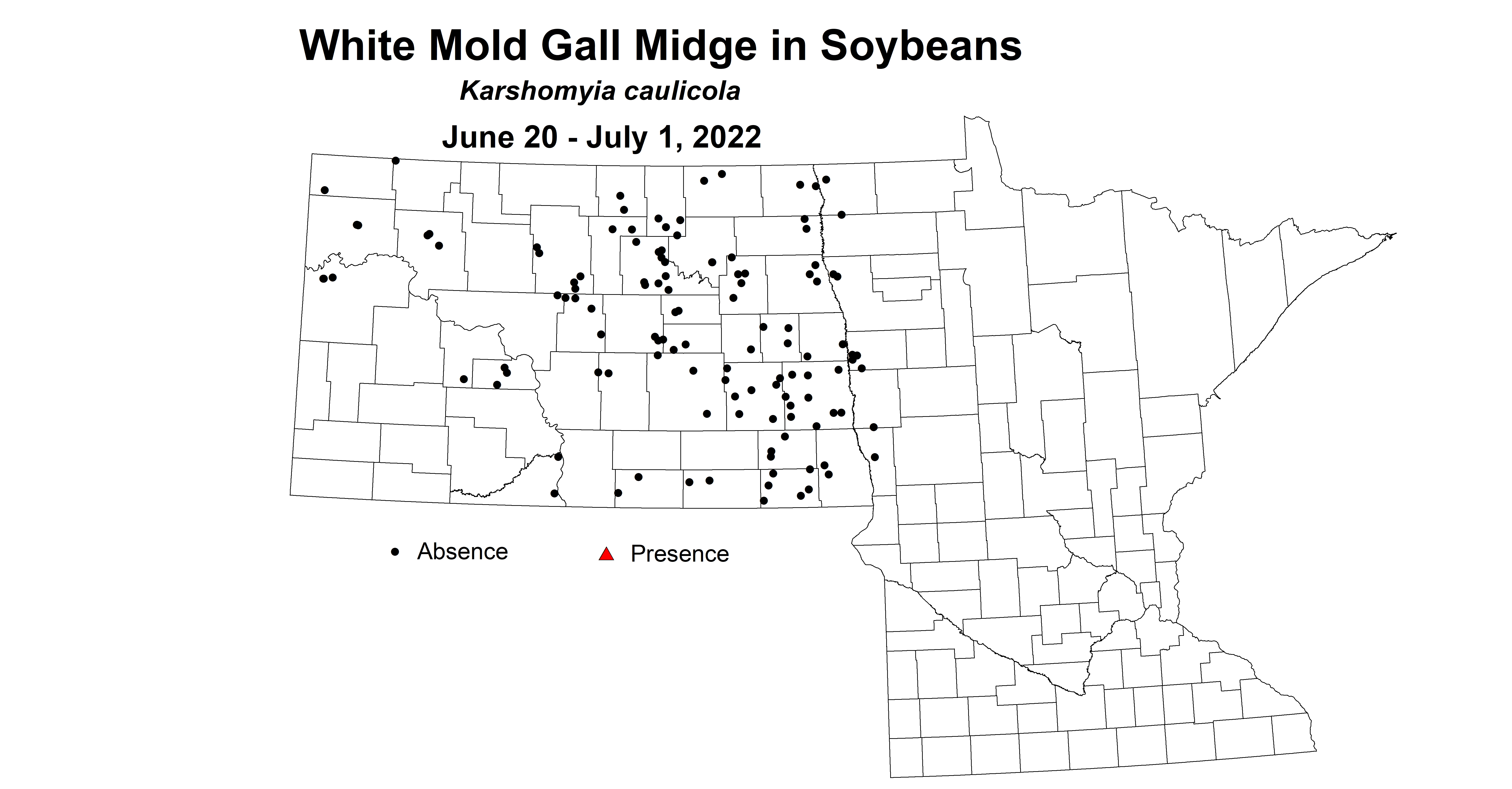 ND IPM map of soybean presence of white mold gall midge June 20 - July 1 2022