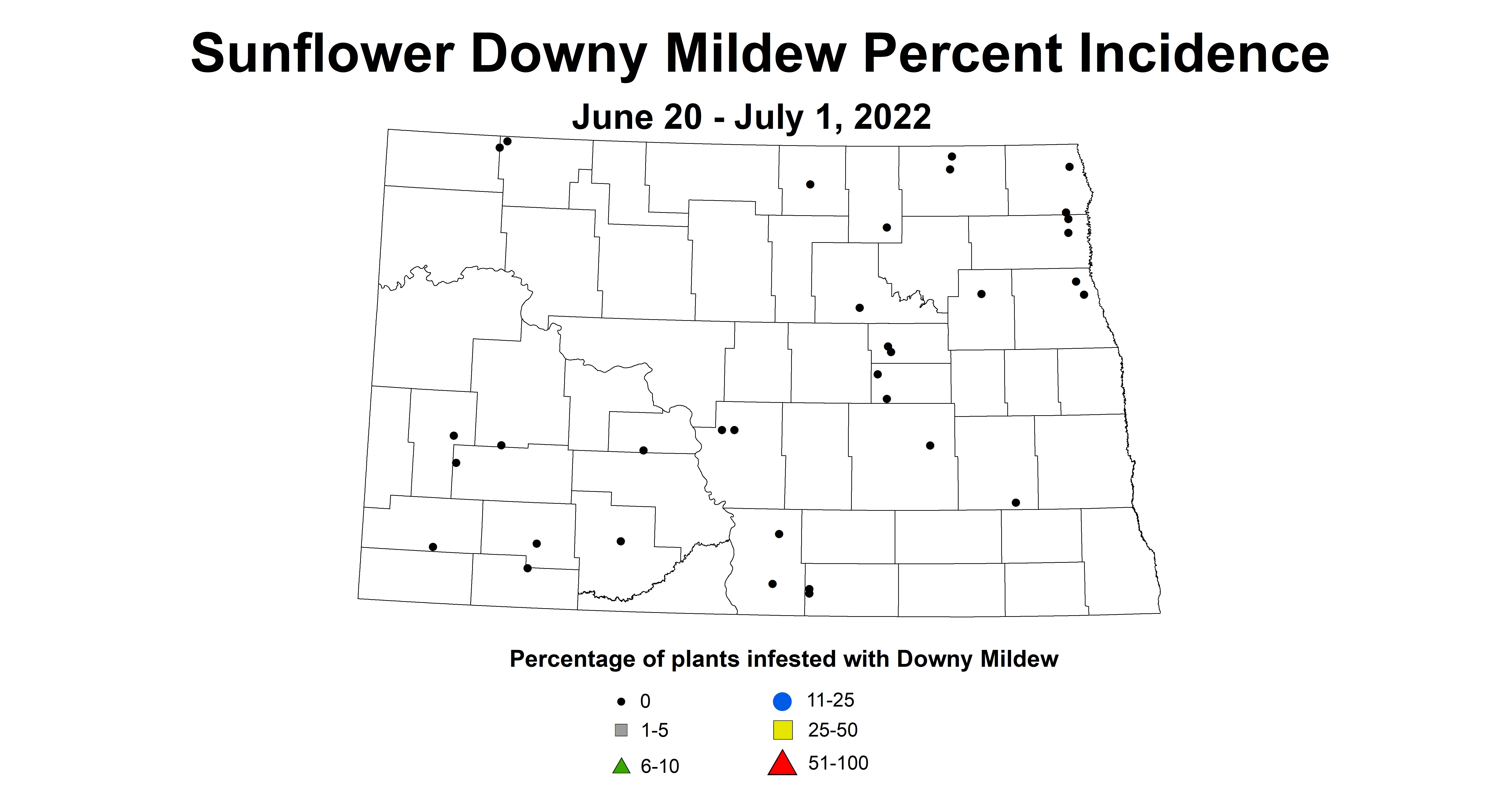 ND IPM map of sunflower downy mildew incidence June 20 to July 1 2022