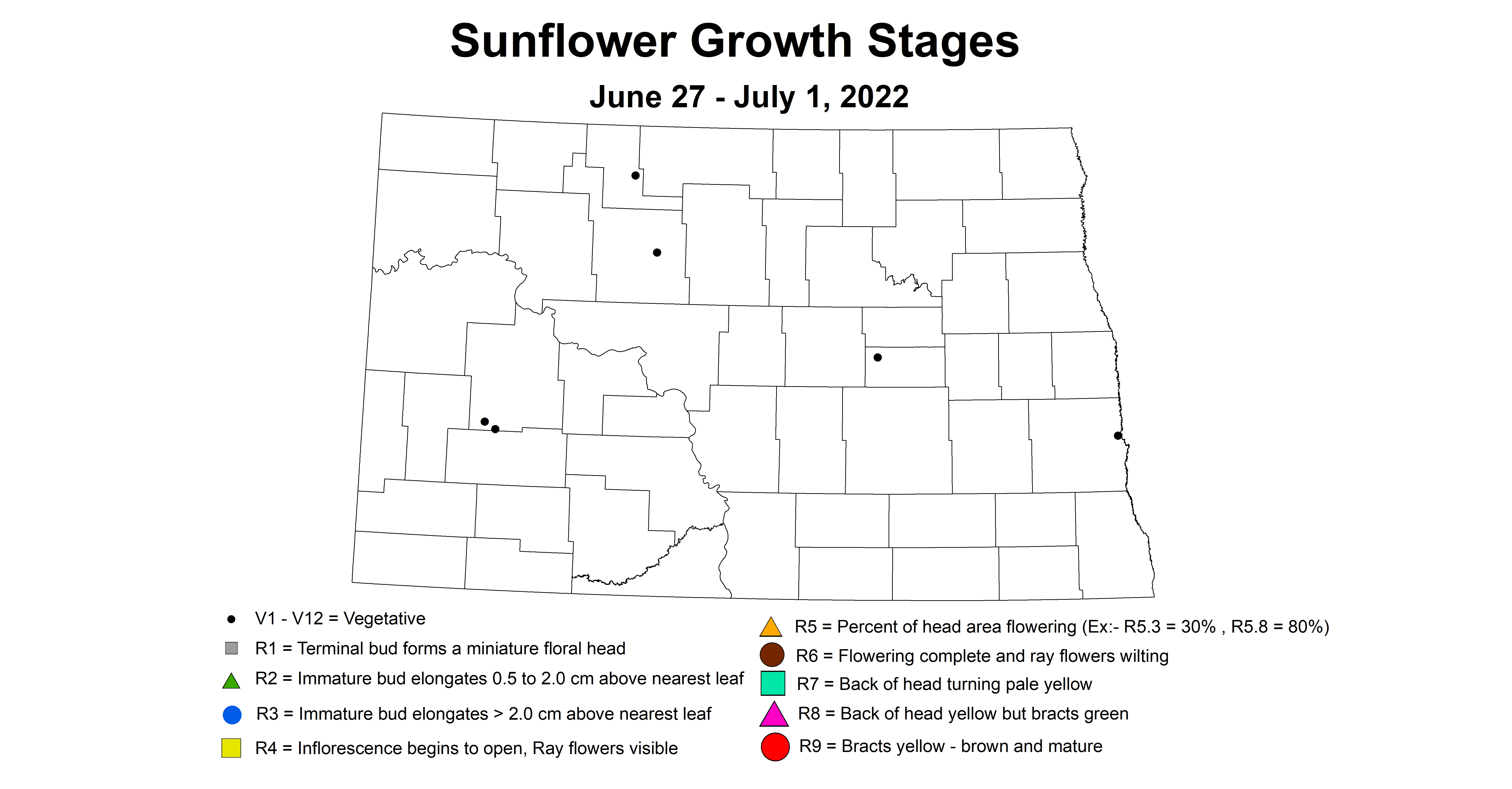 ND IPM Map of sunflower growth stages June 27 to July 1,2022