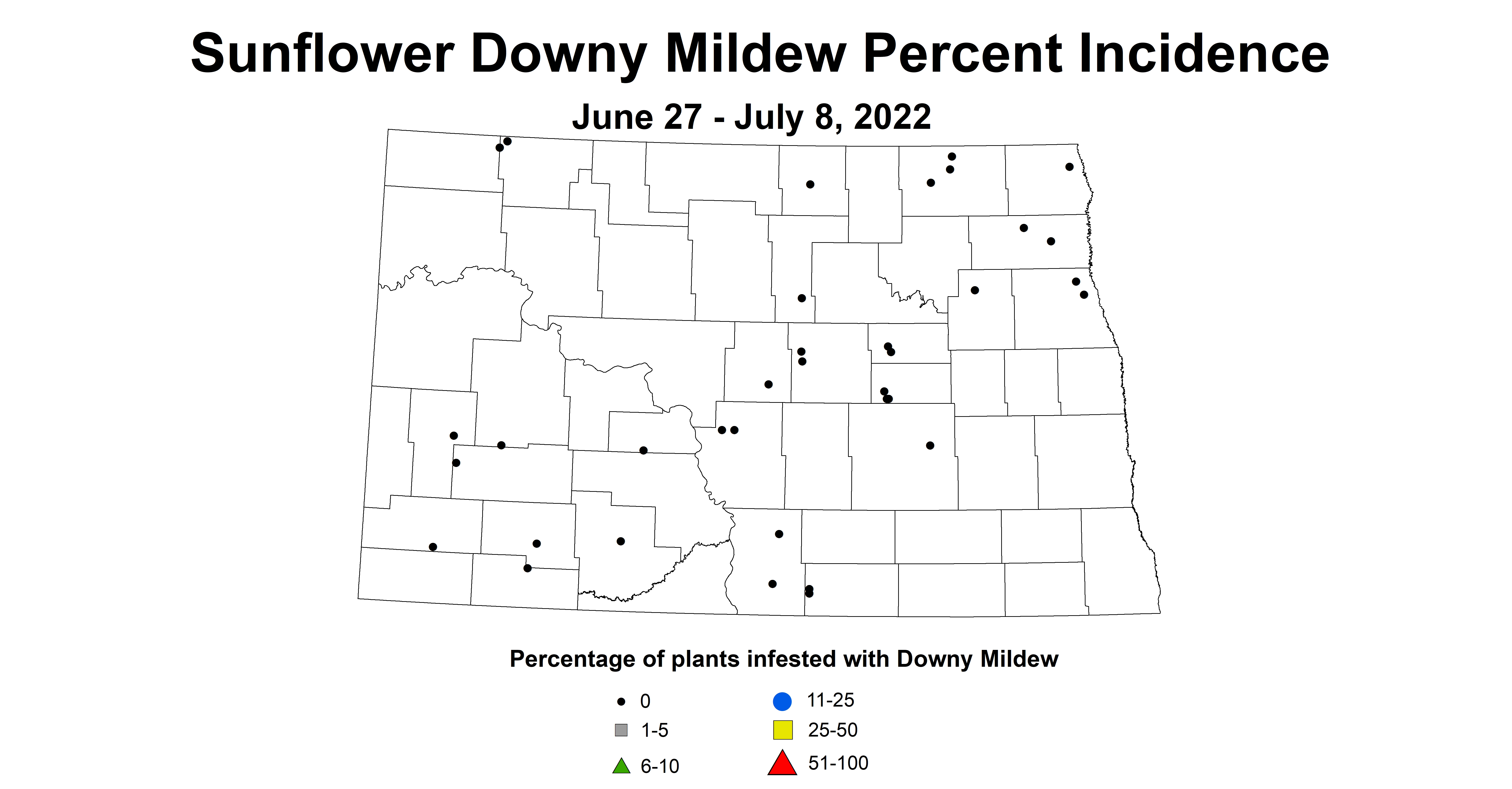 ND IPM map of sunflower downy mildew incidence June 27 to July 8 2022