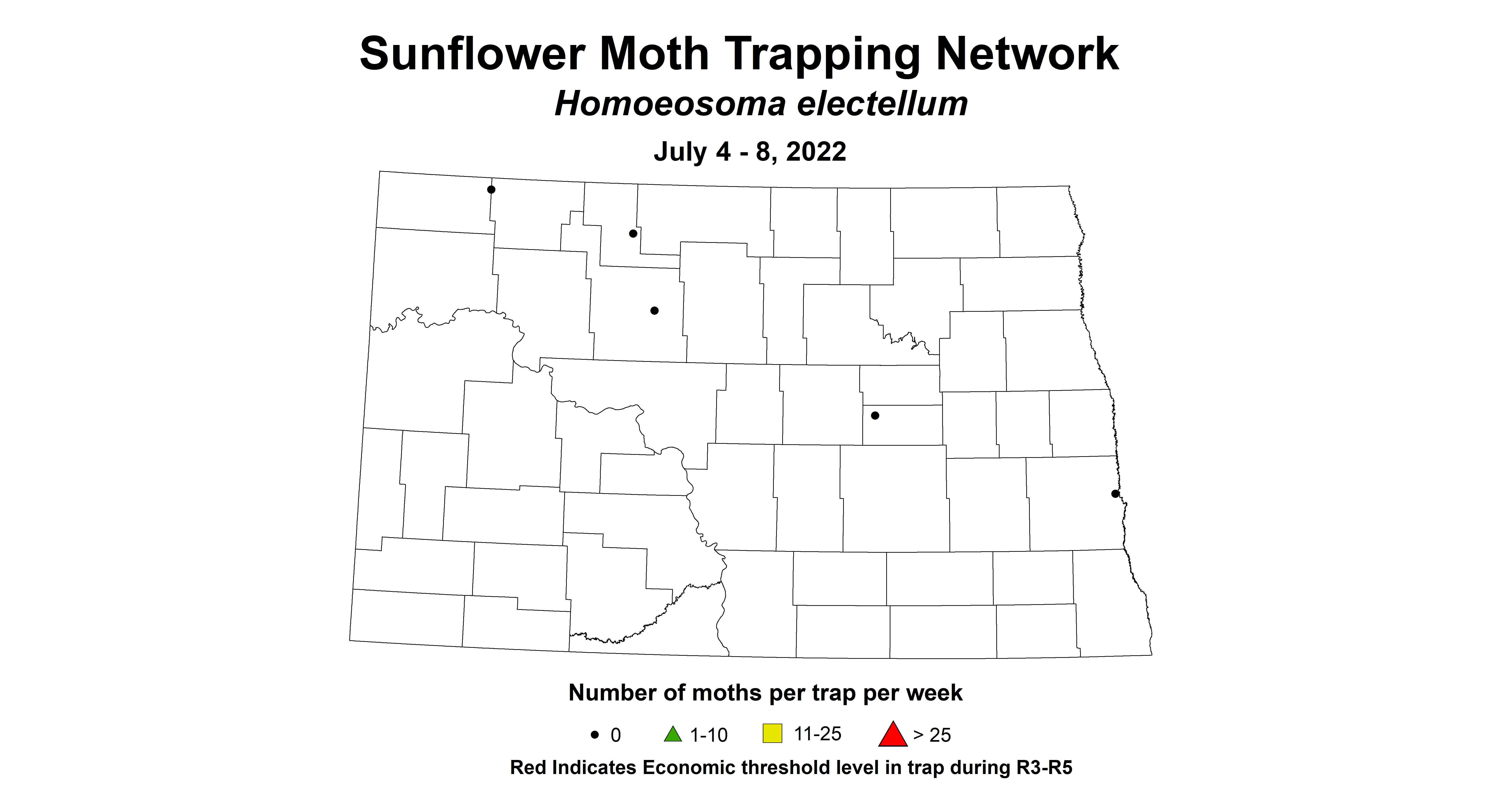 ND IPM Map of sunflower insect trap sunflower moth July 4-8,2022