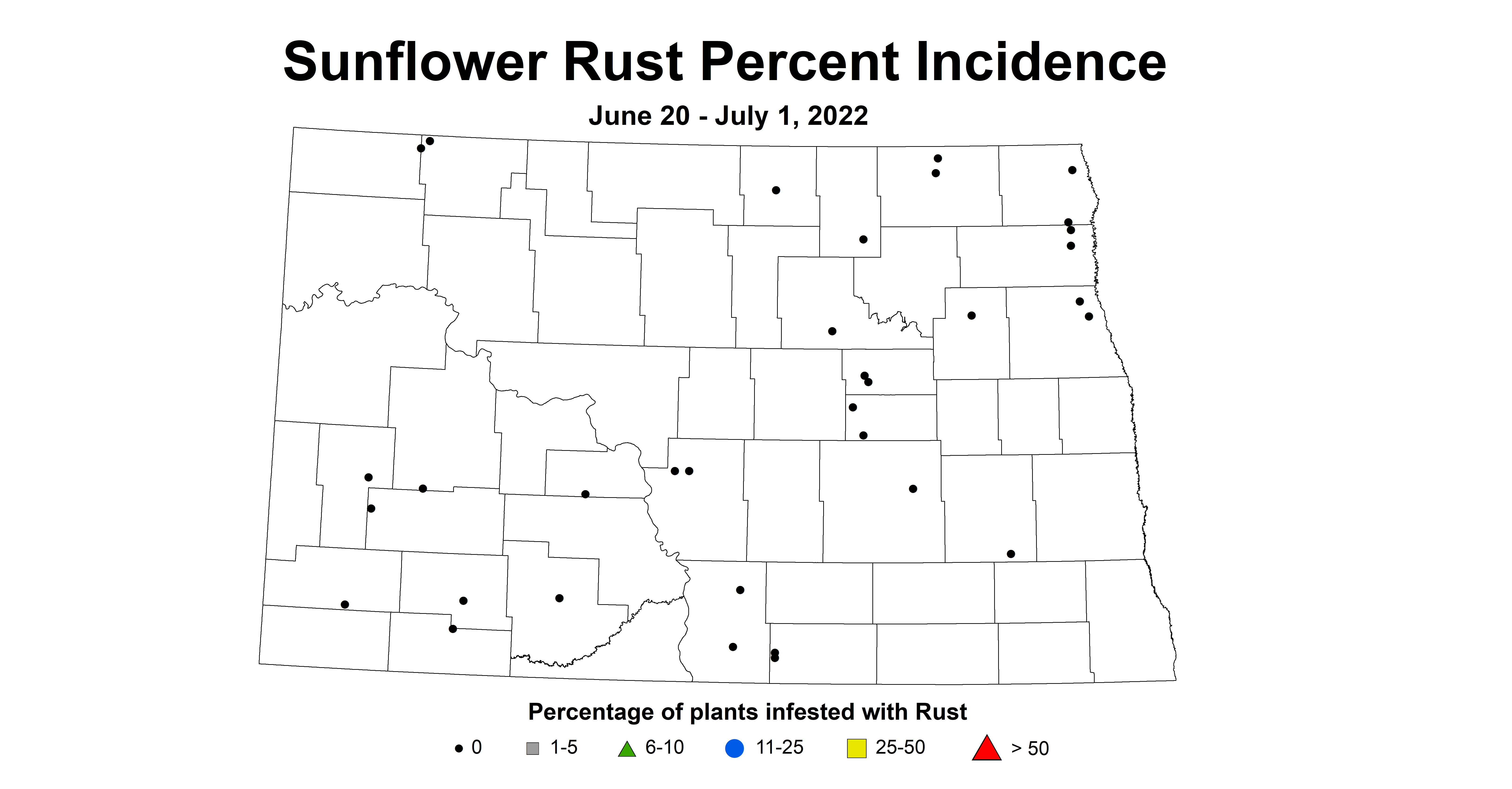 ND IPM map of sunflower rust incidence June 20 to July 1 2022