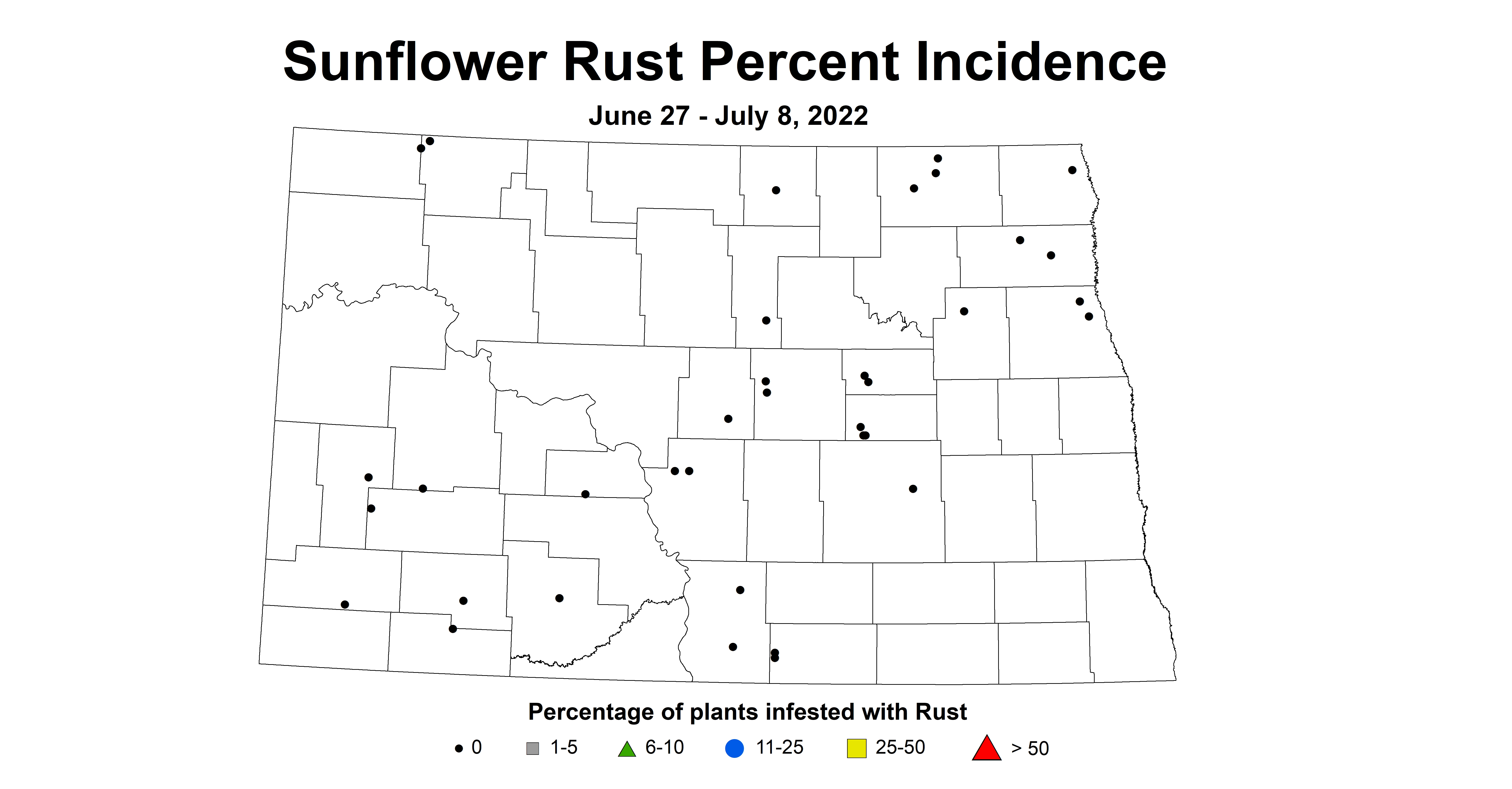 ND IPM map of sunflower rust incidence June 27 to July 8 2022