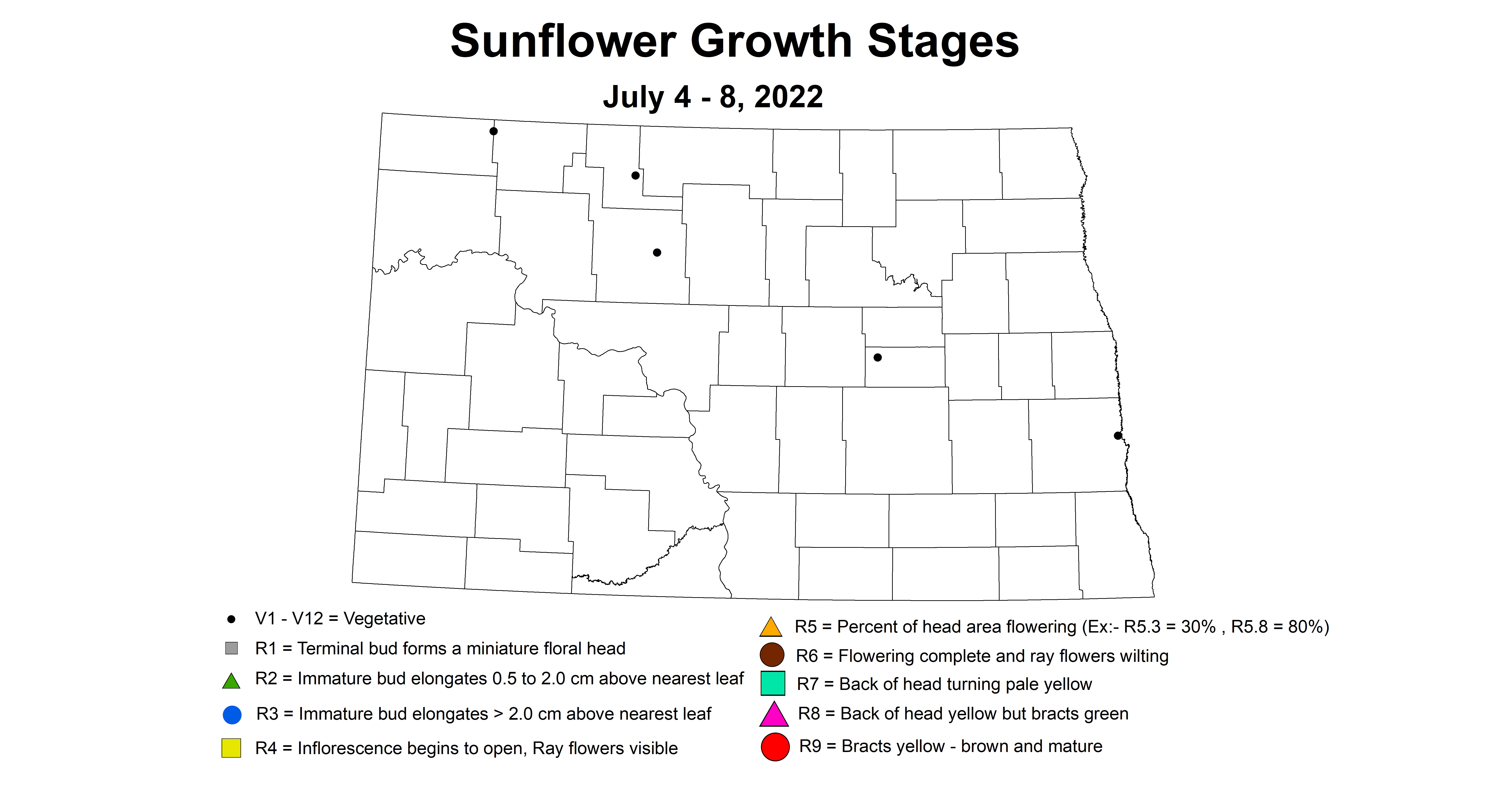 ND IPM Map of sunflower growth stages July 4-8,2022