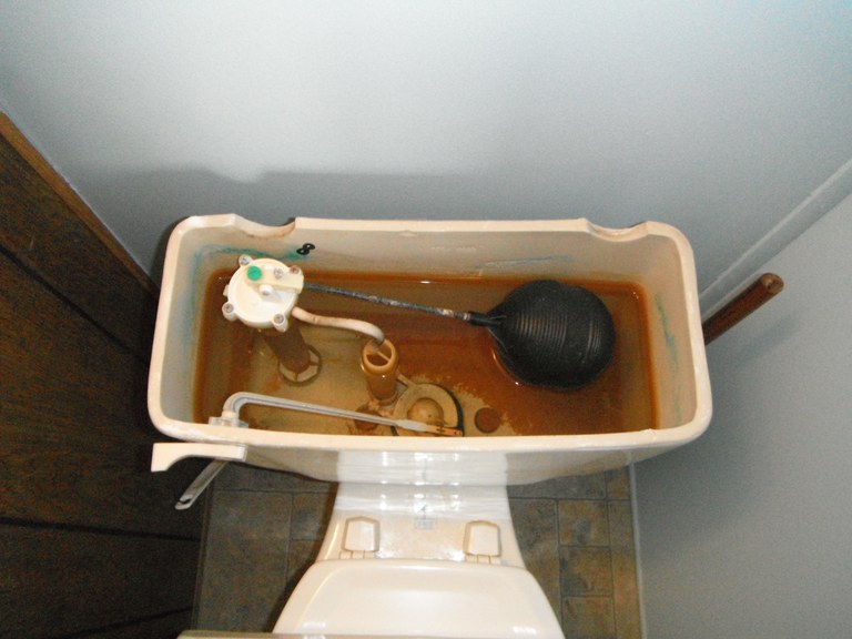 Photo 1. Iron stains in toilet tank.