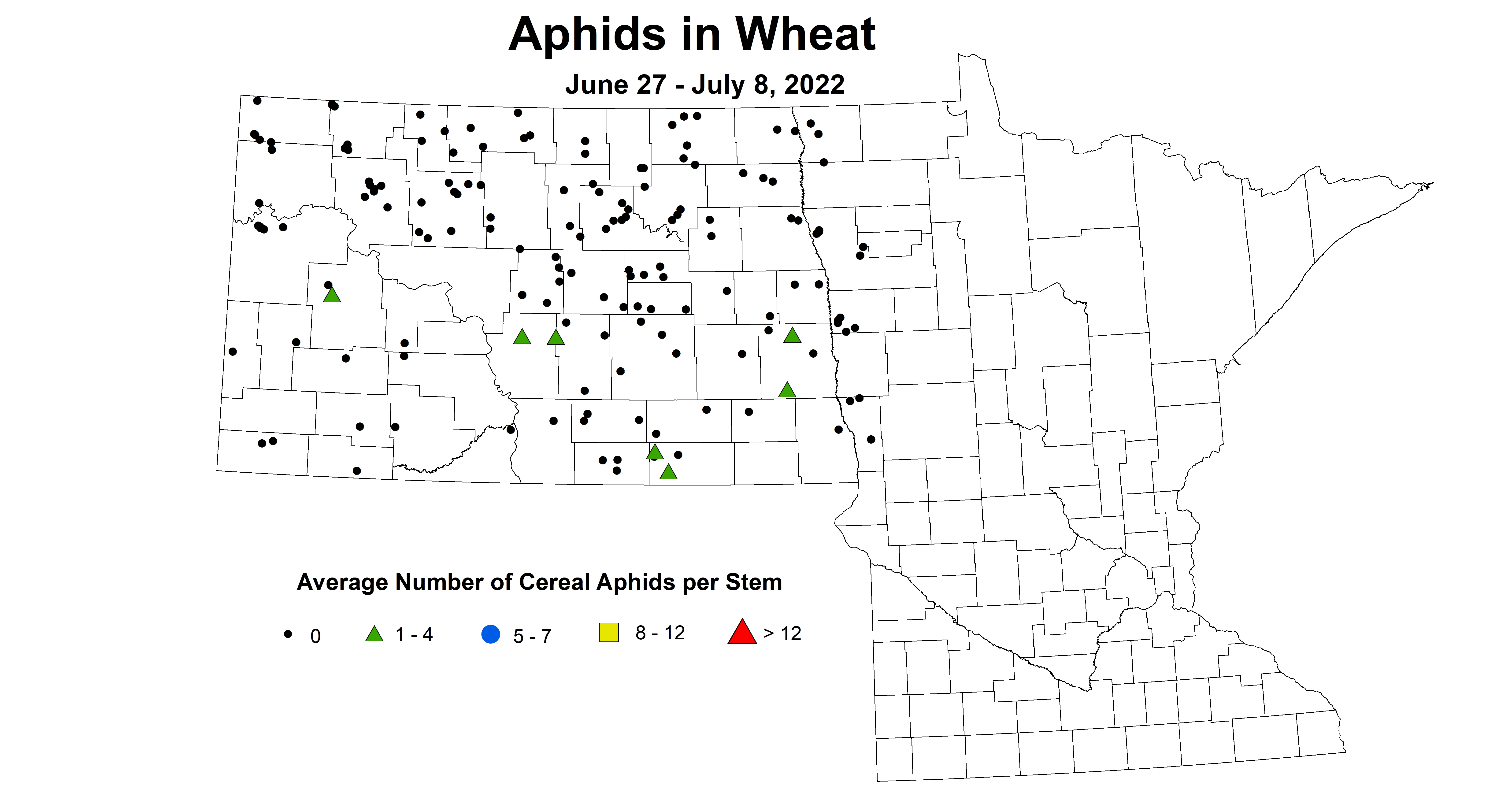 ND IPM map of wheat aphids June 27 to July 8, 2022