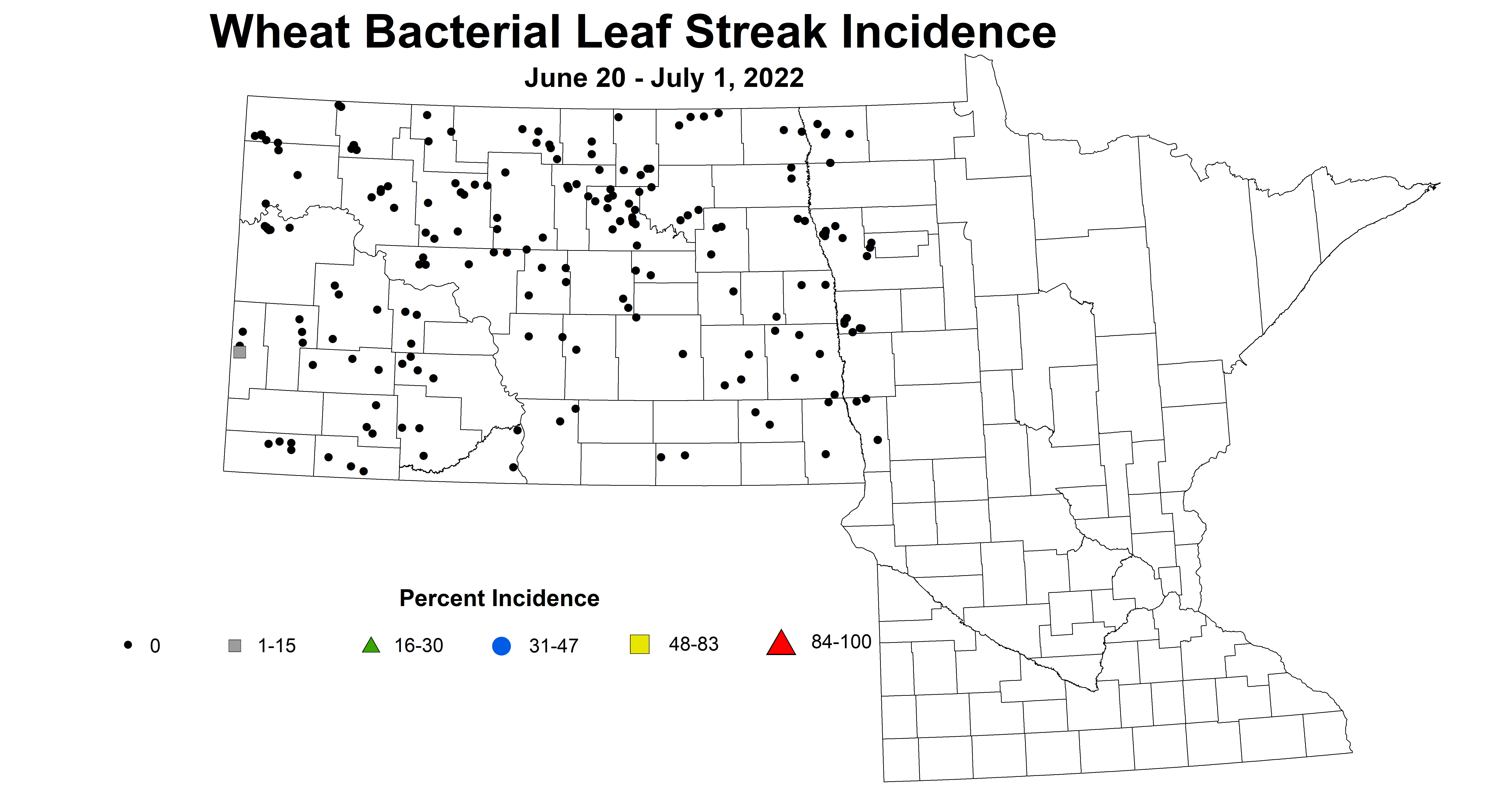 ND IPM map of wheat bacterial leaf streak incidence June 20 to July 1, 2022