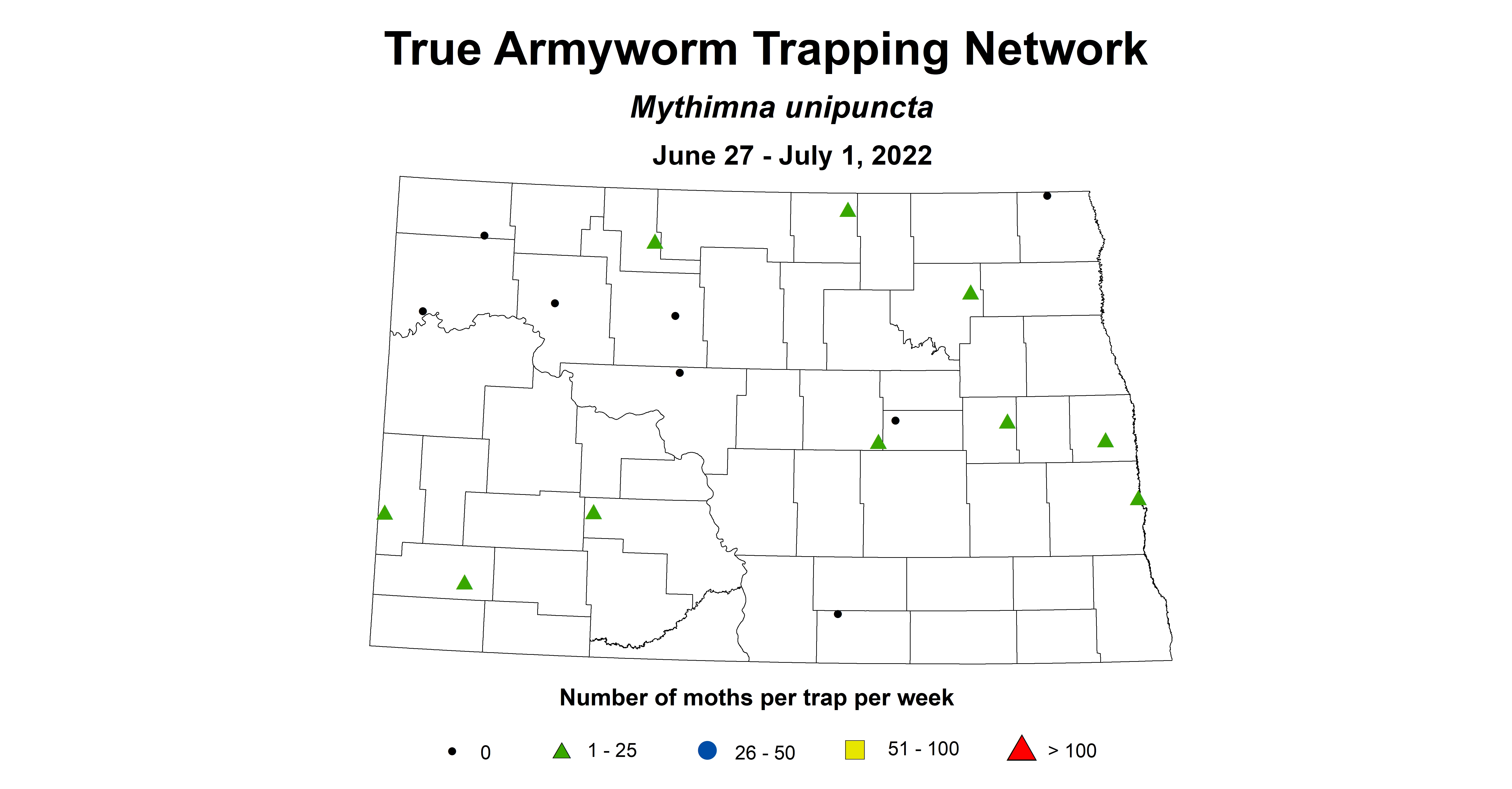 ND IPM map of wheat insect trap true armyworm June 27 to July 1, 2022