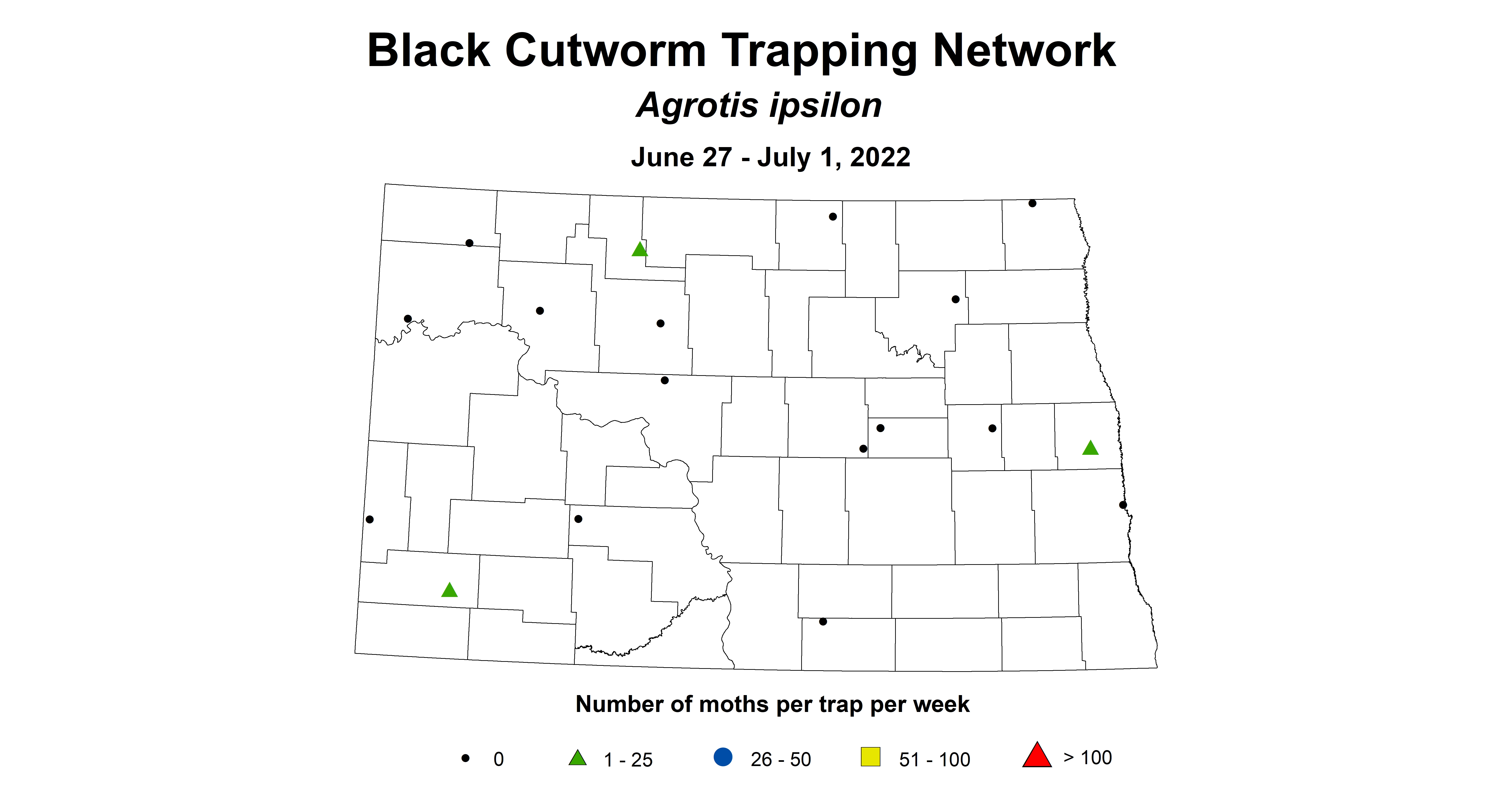ND IPM map of wheat insect trap black cutworm June 27 to July 1, 2022