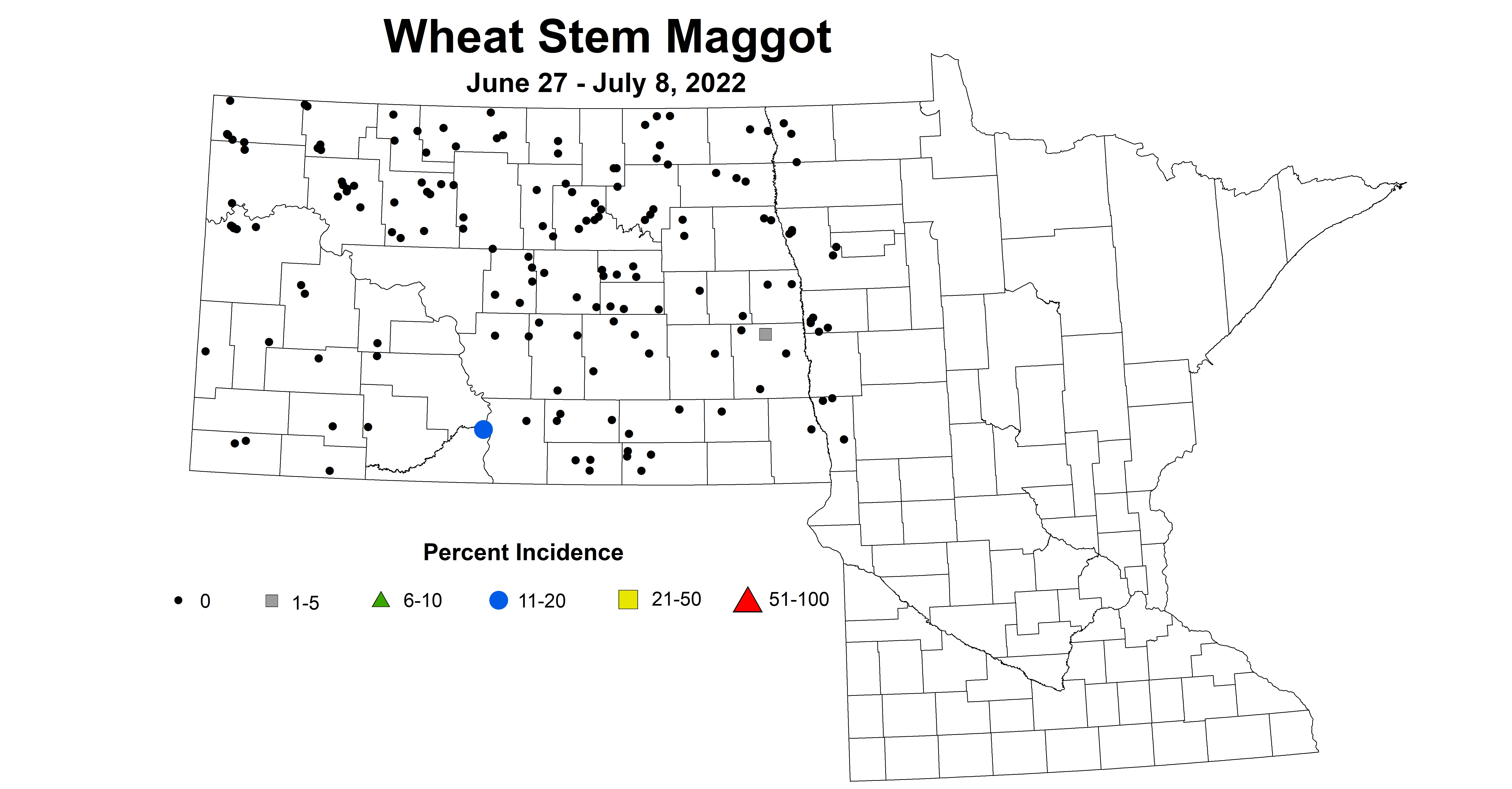 ND IPM map of wheat stem maggot June 27 to July 8, 2022