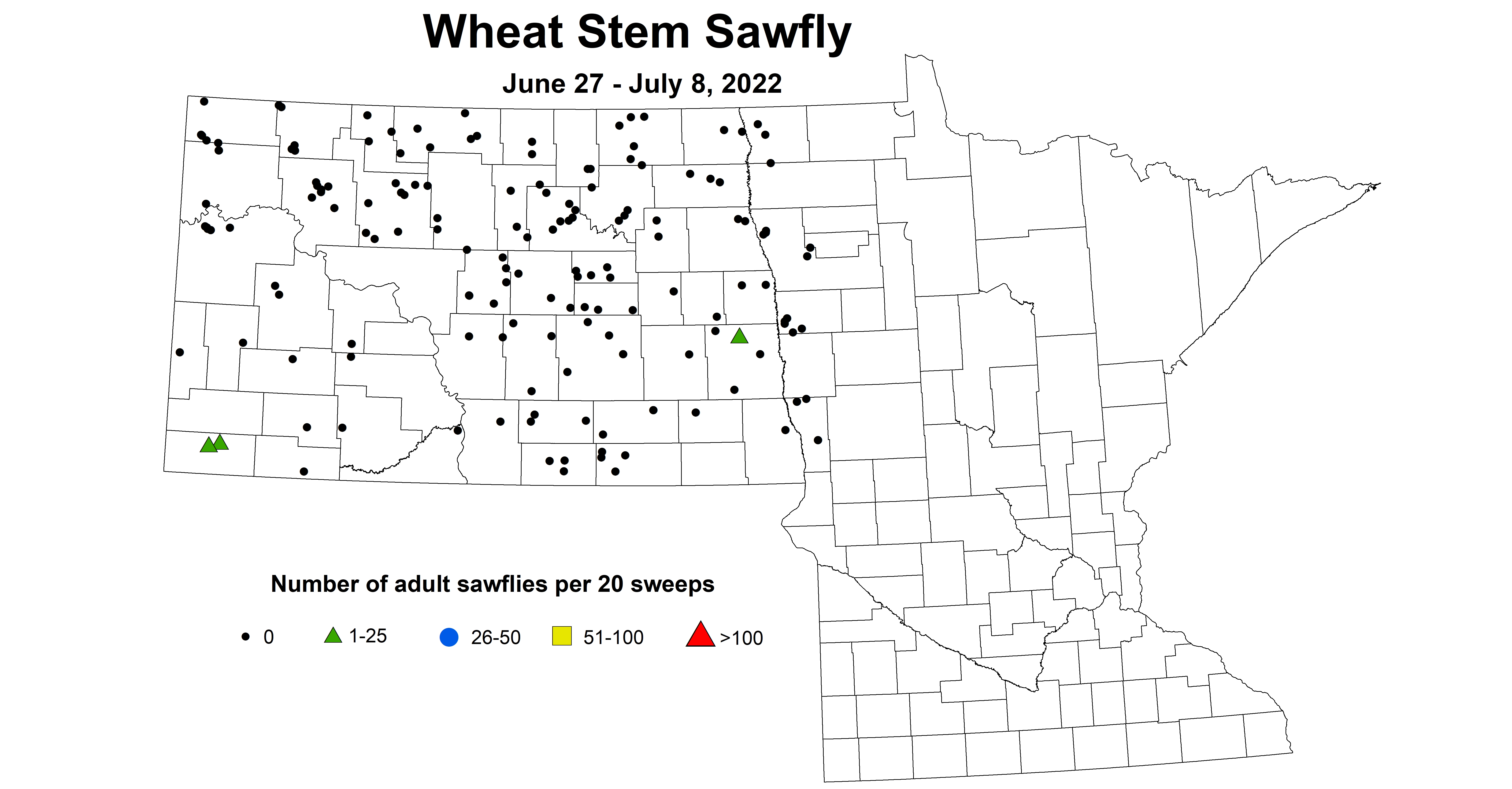 ND IPM map of wheat sawfly June 27 to July 8, 2022