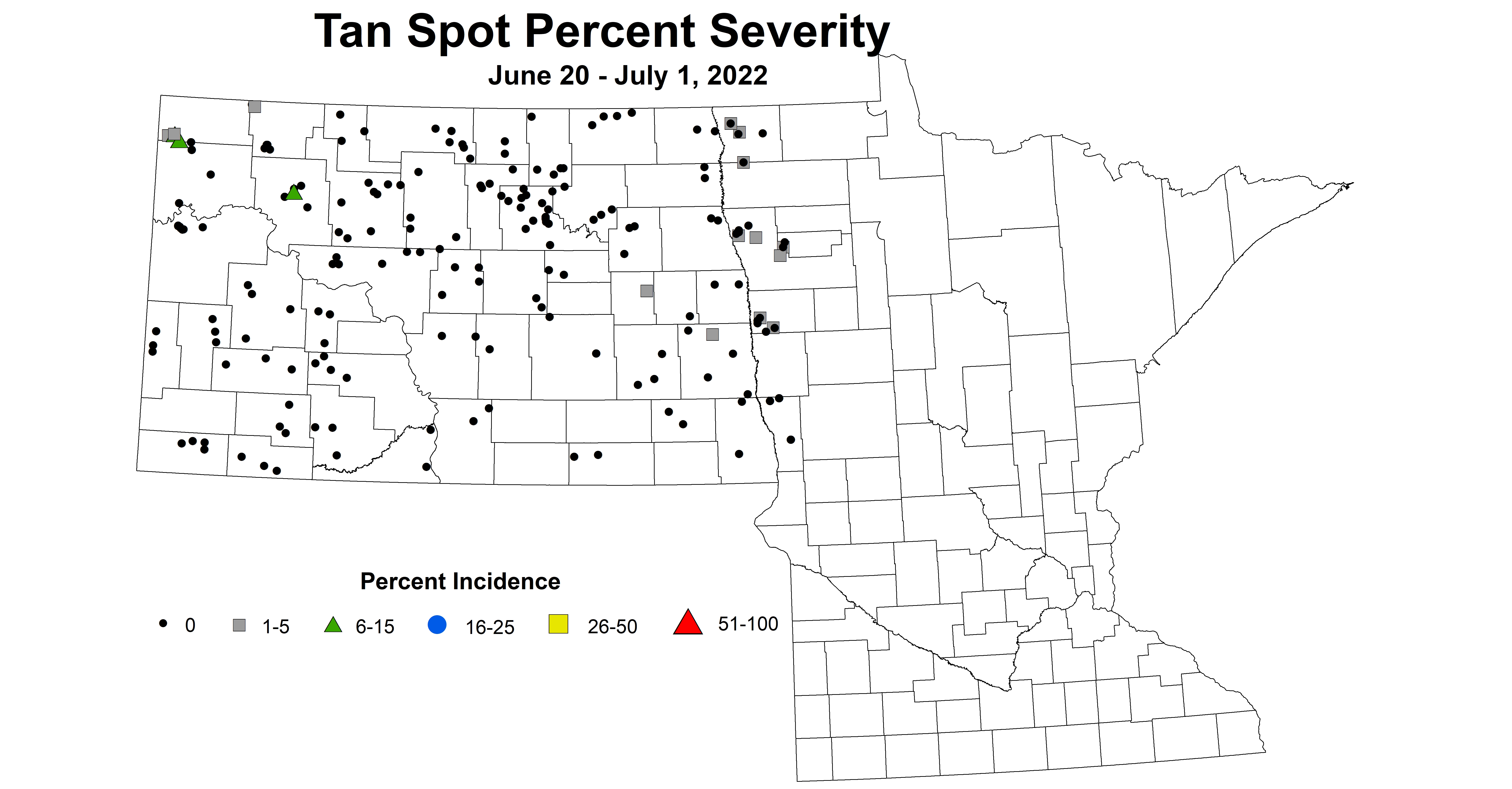 ND IPM map of wheat tan spot severity June 20 to July 1, 2022