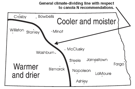 General climate map of North Dakota with respect to canola production. In any given year, the line separating cooler, moister areas from warmer, drier areas may move east or west considerably.