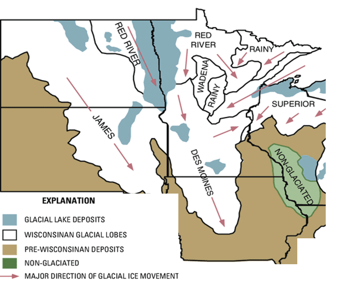 Figure 4. Glacial geologic map of the upper Midwest states and names of major glacial lobes. 