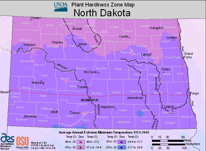 Figure 1. USDA Hardiness Zone map for North Dakota.