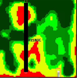 Figure 14b. Multiyear yield maps (corn and soybean rotation) in Illinois (top) and satellite image of growing crop (bottom) indicating similar patterns.