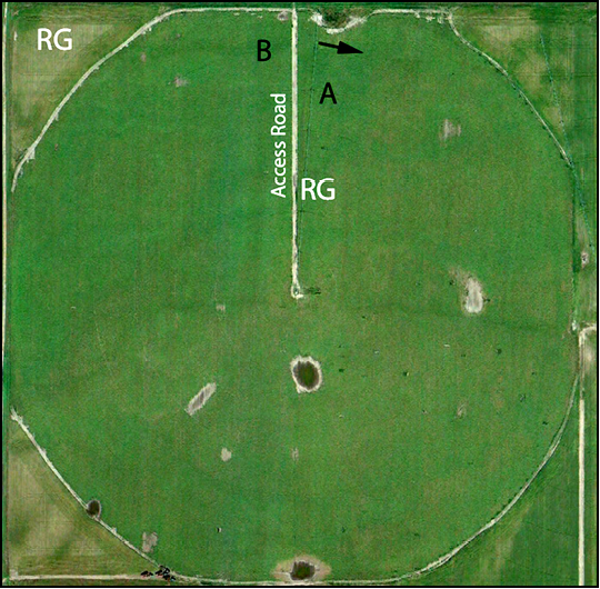 Figure 2. Ideally, each center pivot should have two rain gauges, one in the dryland corner and one along the access road about halfway to the pivot point. Soil moisture deficit should be measured near the starting point of the center pivot (A) and near the last part of the field to be irrigated (B).
