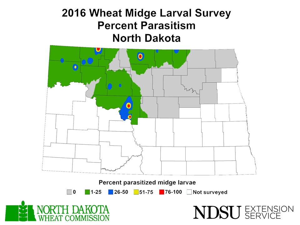 Map of North Dakota indicating percent of parasitism in 2016 survey of wheat midge larvae.