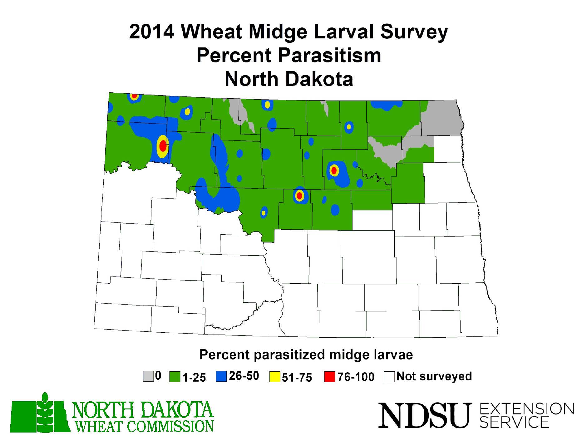 Map of North Dakota indicating percent of parasitism in 2014 survey of wheat midge larvae.