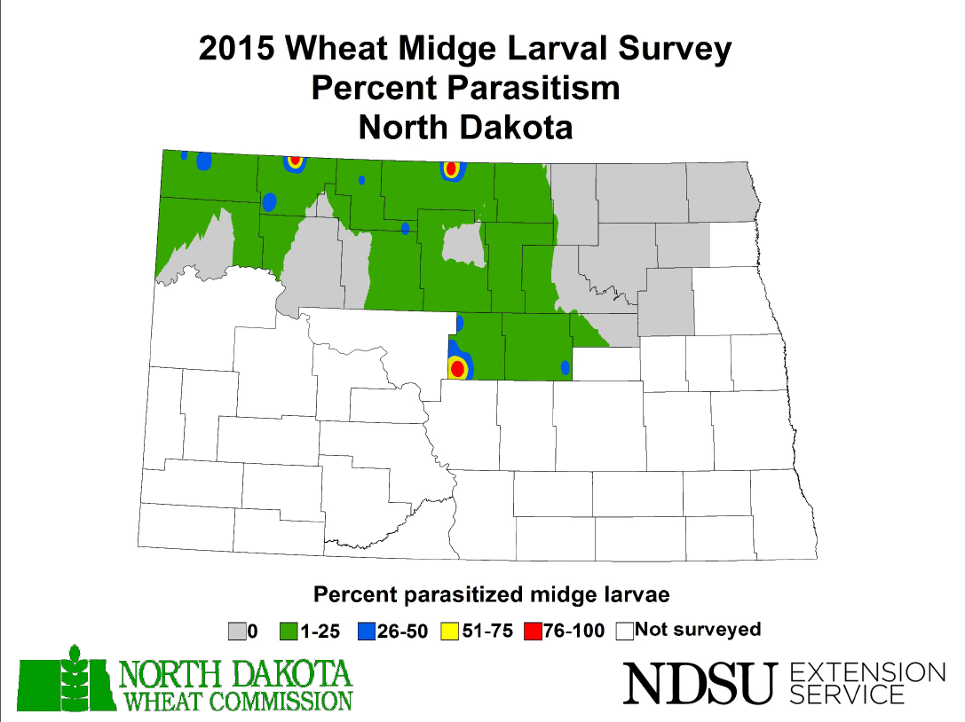 Map of North Dakota indicating percent of parasitism in 2015 survey of wheat midge larvae.