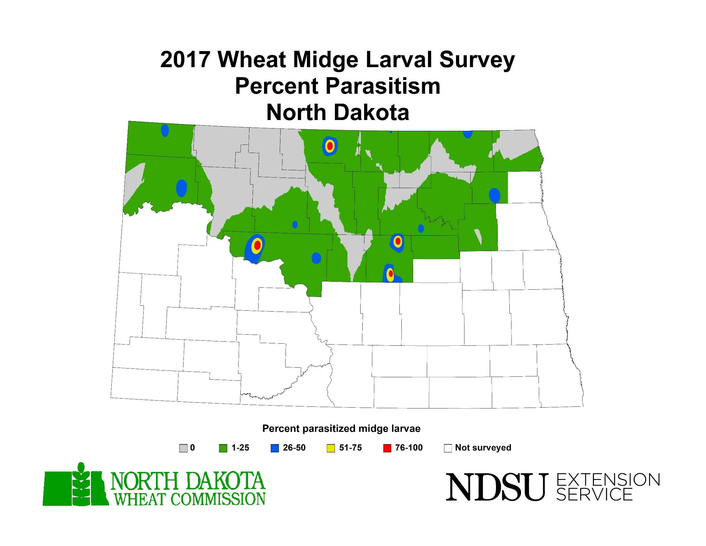 Map of North Dakota indicating percent of parasitism in 2017 survey of wheat midge larvae.