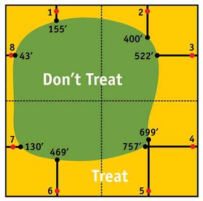 Figure 6. Field diagram showing economic distance (ED) and treat/no treat area of a field based on the data in Table 1. (Red dots indicate sampling sites.)
