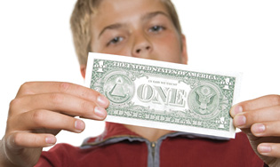 young person with $1 bill in their hands