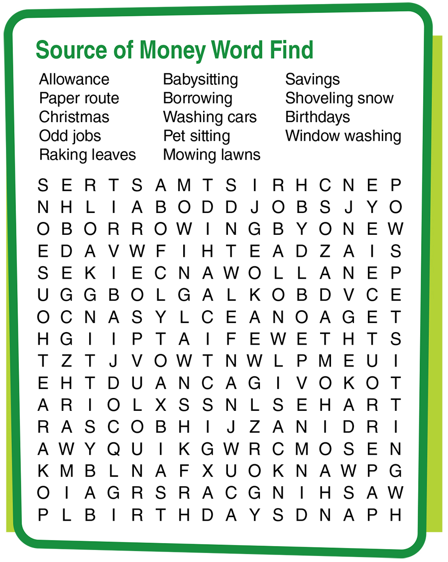 Source of Money Word Find Puzzle Graphic