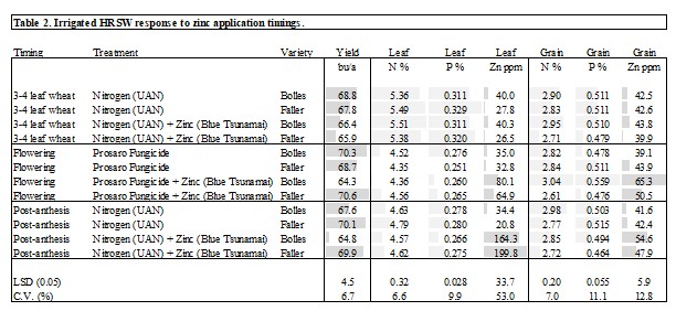Table showing irrigated HRSW response to zinc application timings.