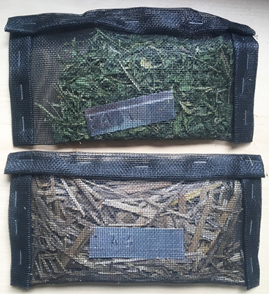 Figure 1. Two litterbags with measured quantities of spring-wheat and alfalfa litter. 