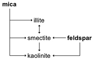 Figure 1. The depiction of the transformations of mica and feldspar to illite, smectite and kaolinite is based on information summarized in reviews by Allen and Hajek (1989) and Wilson (1999).