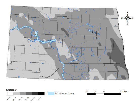 Figure 9. North Dakota K-feldspar content (%) in surface soil minerals.