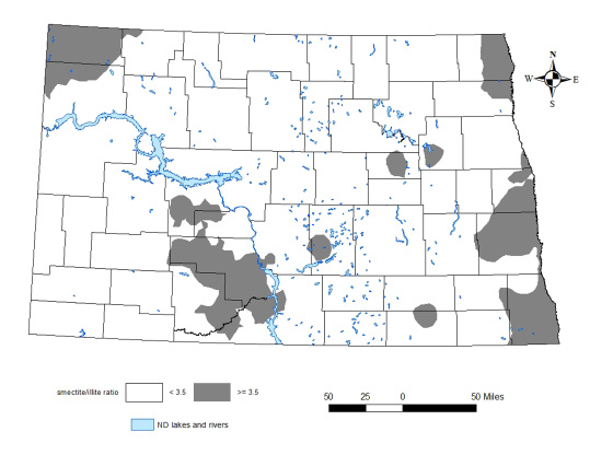 Figure 10. Areas in North Dakota where smectite/illite ratios are greater than or equal to 3.5 ($3.5) and the critical soil test K level is 200 ppm (gray areas), or the smectite/illite ratio is less than 3.5 (<3.5) and the critical soil test K level is 150 ppm (white areas).