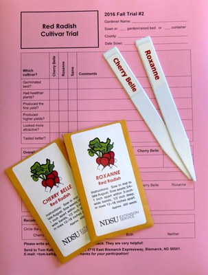The seed packets, labels and evaluation form for the 2016 Red Radish Trial.