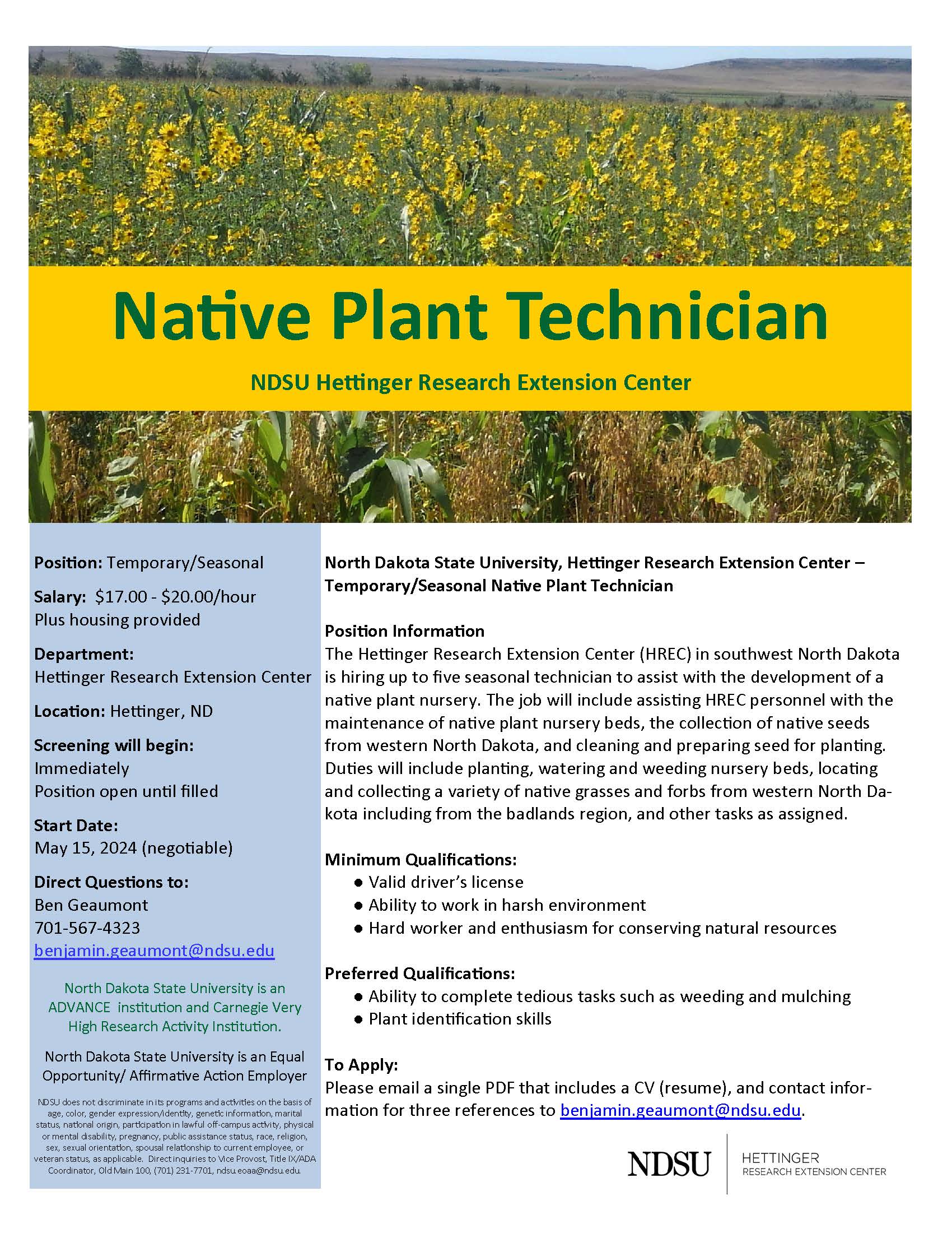 Temp/Seasonal Native Plant Technicain position information