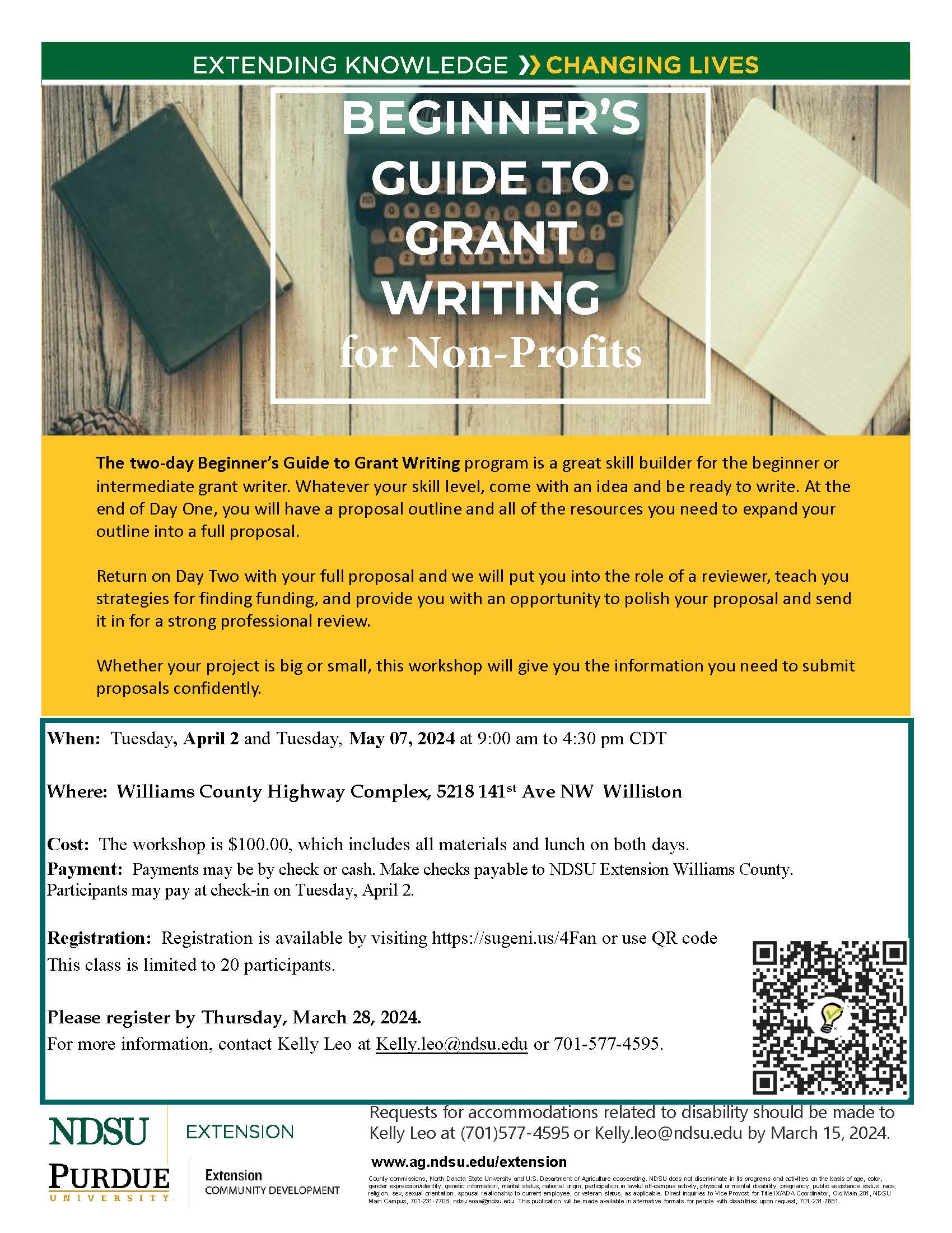 Flyer Grant Writing Workshop for Non-Profits April 2 Call 701-577-4595 for more information.