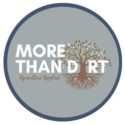 A logo for the More Than Dirt podcast, featuring the text "More Than Dirt" in white, all caps, sans serif font with a brown tree with multicolored leaves and brown roots forming the "I" in the word "Dirt." Below the word "Than" are the words "Agriculture Applied" in brown, cursive font.