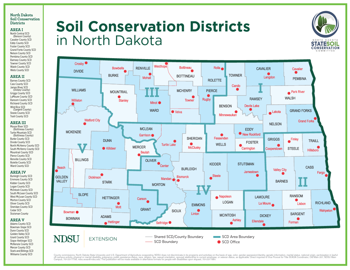 A map of soil conservation districts in North Dakota divided into five Areas. Along the left-hand side is a list of all 54 districts by Area.