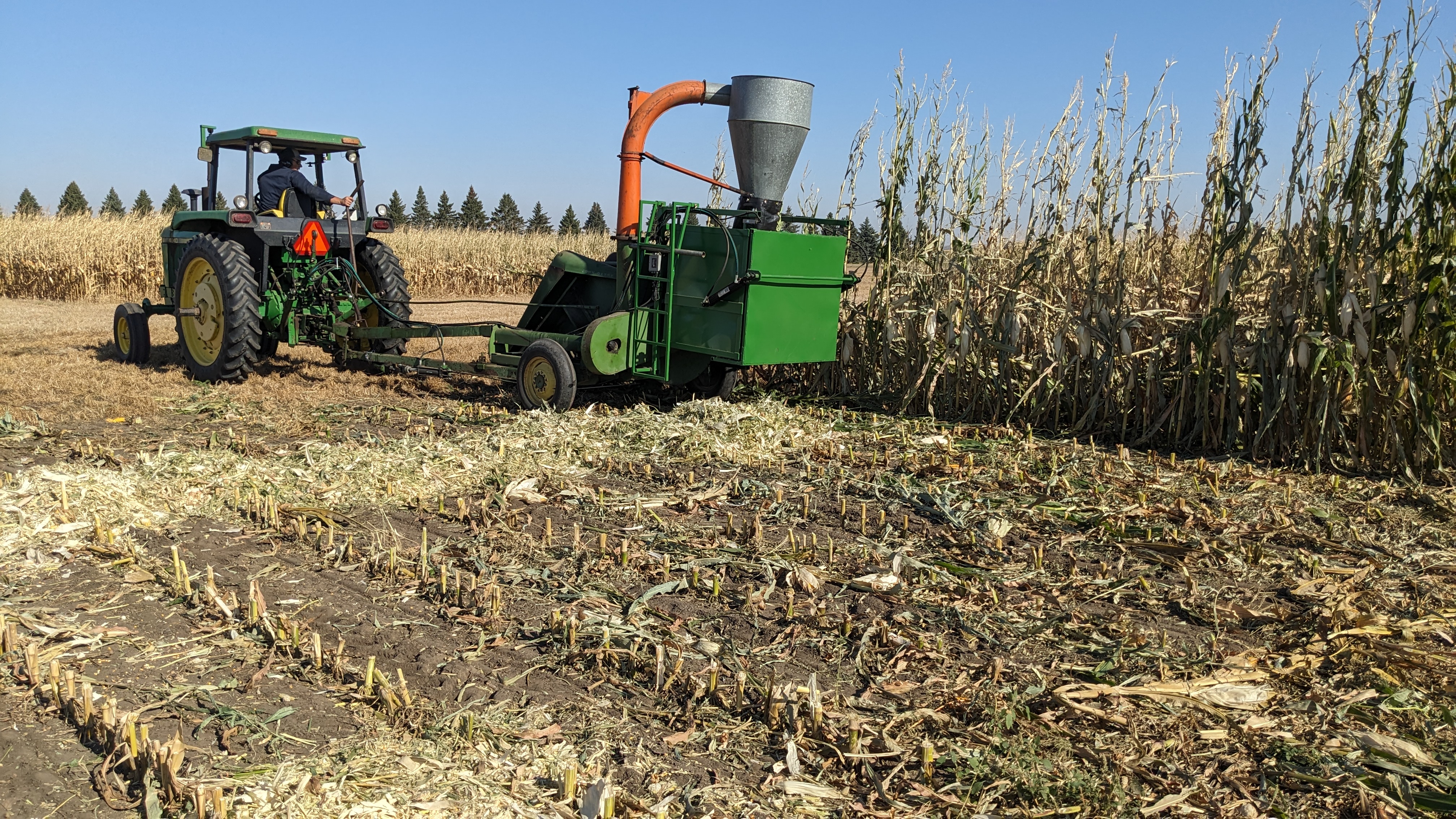 Green tractor pulling a green piece of equipment which is chopping standing corn.