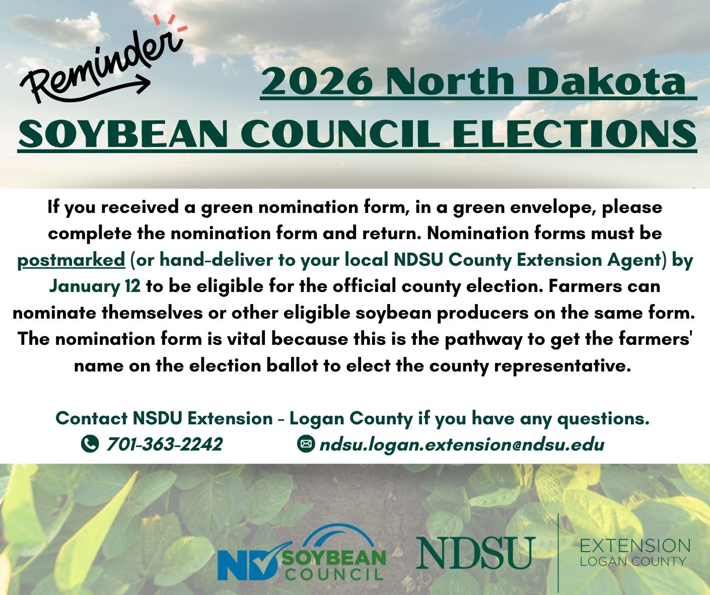 2026 North Dakota Soybean Council County Representative Nominations Due January 12