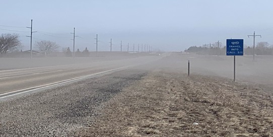Topsoil blowing a mile east of Langdon along Highway-5, ND on March 25, 2024.