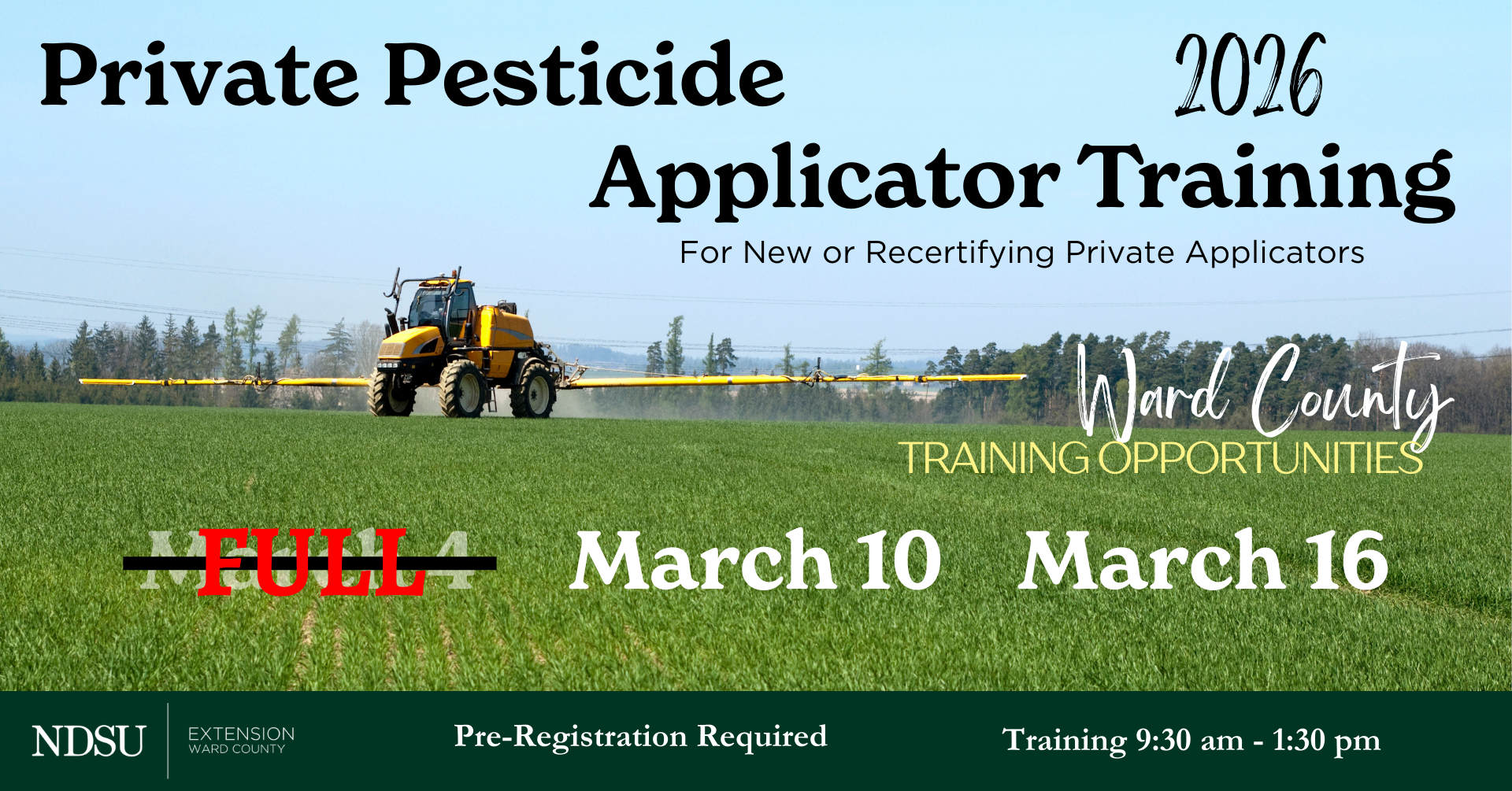 boom sprayer in field. Private Pesticide Applicator Training 2026 available March 10 & March 16 at 9:30 am