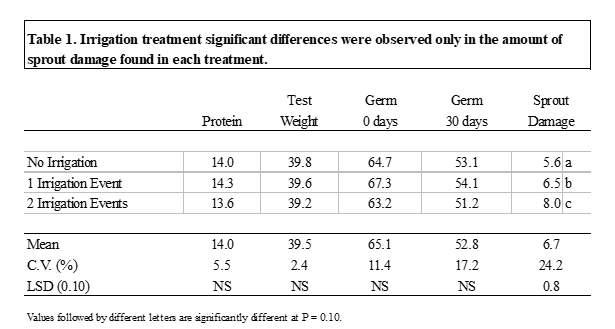 Table showing irrigation treatment differences were observed only in the amount of sprout damage found in each treatment.