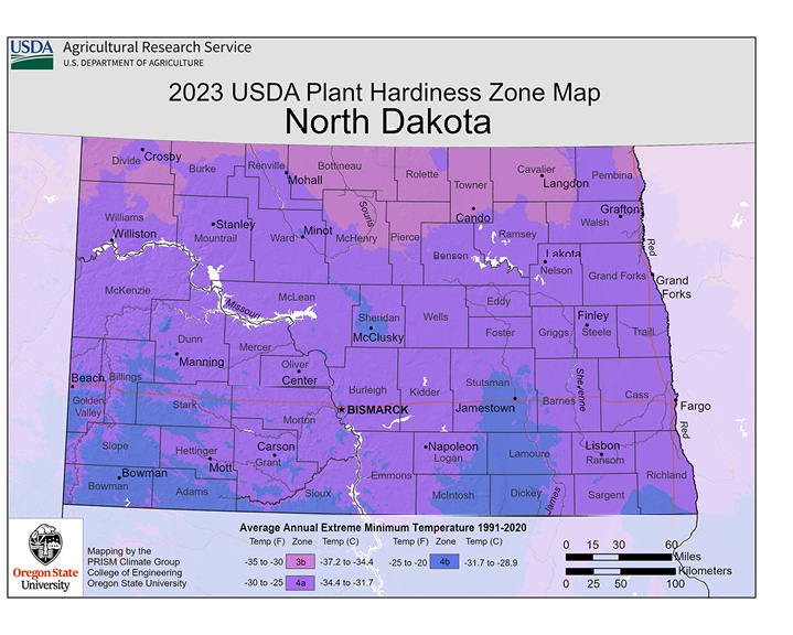 Plant hardiness zone map for North Dakota