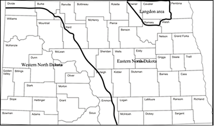 Figure 15.55 Map of North Dakota showing regions of importance to barley N fertilization.
