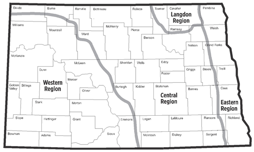 Figure 15.58 Map of North Dakota showing the four important regions of the state relating to corn N recommendations.