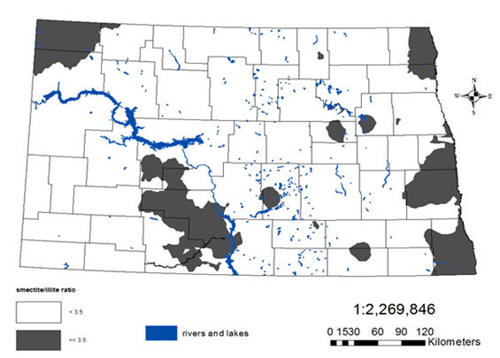 Figure 17.4 Soil sampling survey conducted spring, 2017. Interpolated North Dakota map of clay chemistry ratio greater than 3.5 smectite to illite (Gray) compared to areas with less than 3.5 smectite to illite (White). The map is the product of 165 0–6-inch depth soil samples, including at least 2 samples from every North Dakota county (Franzen, unpublished data).