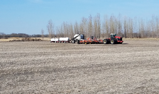 Figure 28.4 Spring one-pass seeding using anhydrous ammonia nurse tanks at time of seeding. NDSU image
