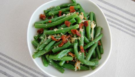 Bacon Parmesan Snap Beans, served in a dish